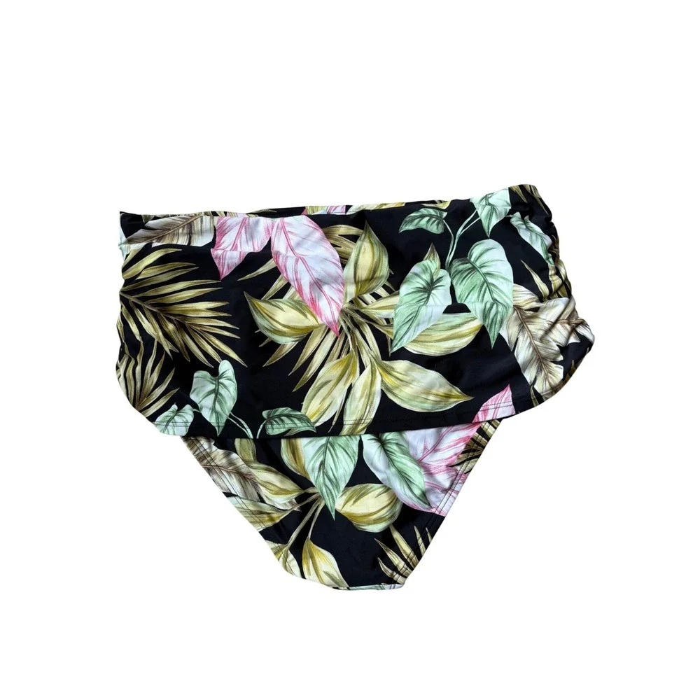 Lands End Womens High Waisted Tropical Palm Bikini Bottoms Black Medium NWT
